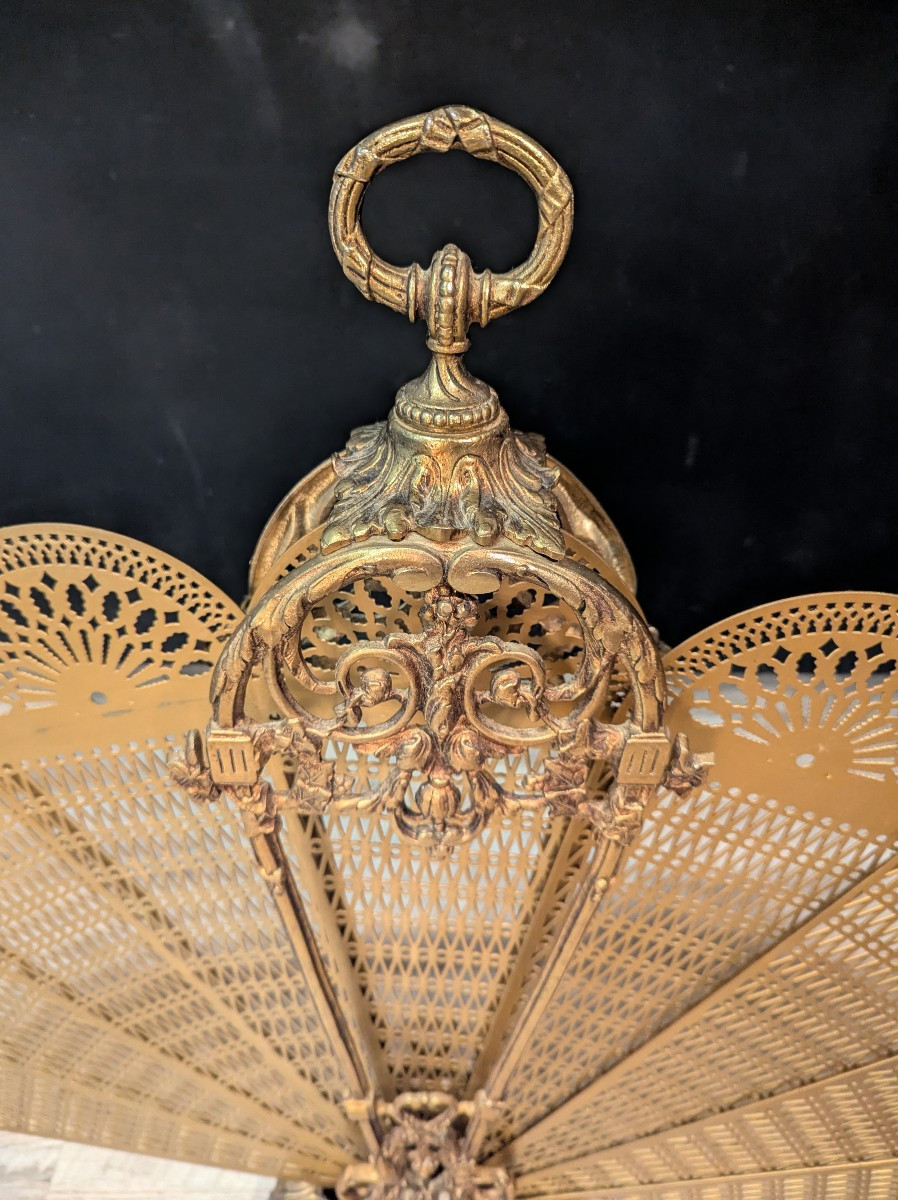 Grand pare-feu de cheminée Napoléon III en bronze doré à 9 feuilles, forme éventail-photo-4