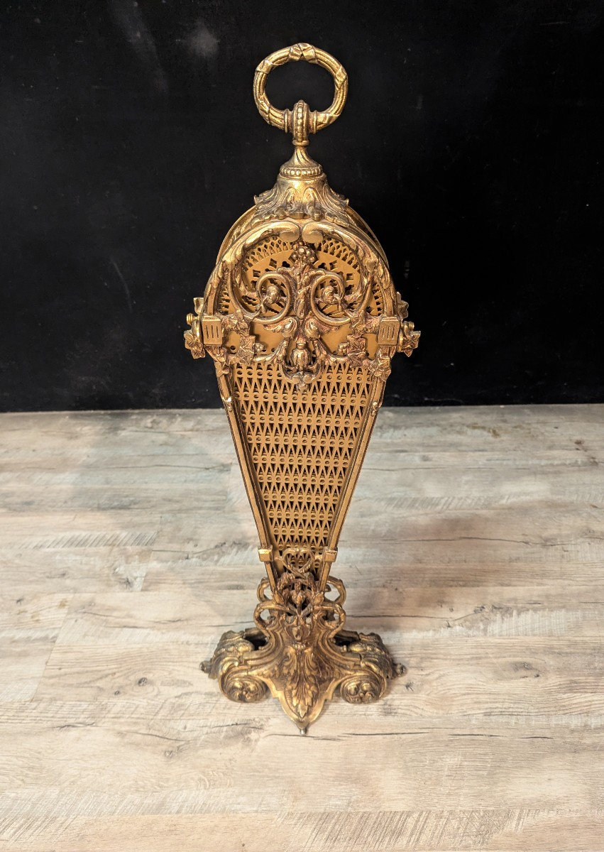 Grand pare-feu de cheminée Napoléon III en bronze doré à 9 feuilles, forme éventail-photo-2