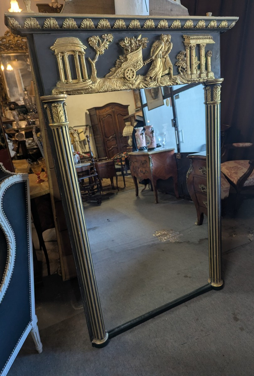 Large Empire-style Mirror In Dark Green Painted Wood And Gilded Stucco-photo-2