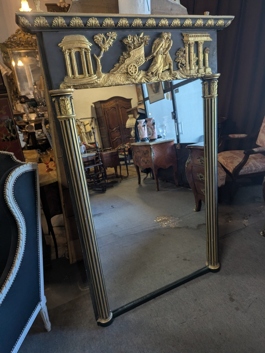 Large Empire-style Mirror In Dark Green Painted Wood And Gilded Stucco-photo-4
