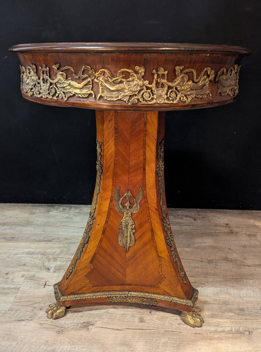 Guéridon circulaire en marqueterie et bronzes style Empire-photo-3
