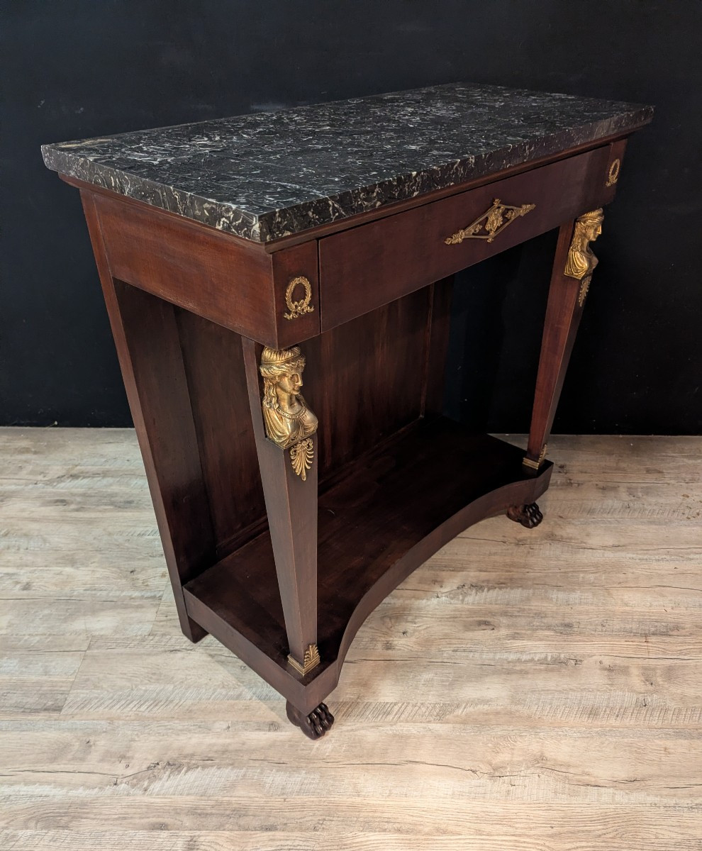Console Empire à cariatides, dessus marbre-photo-3
