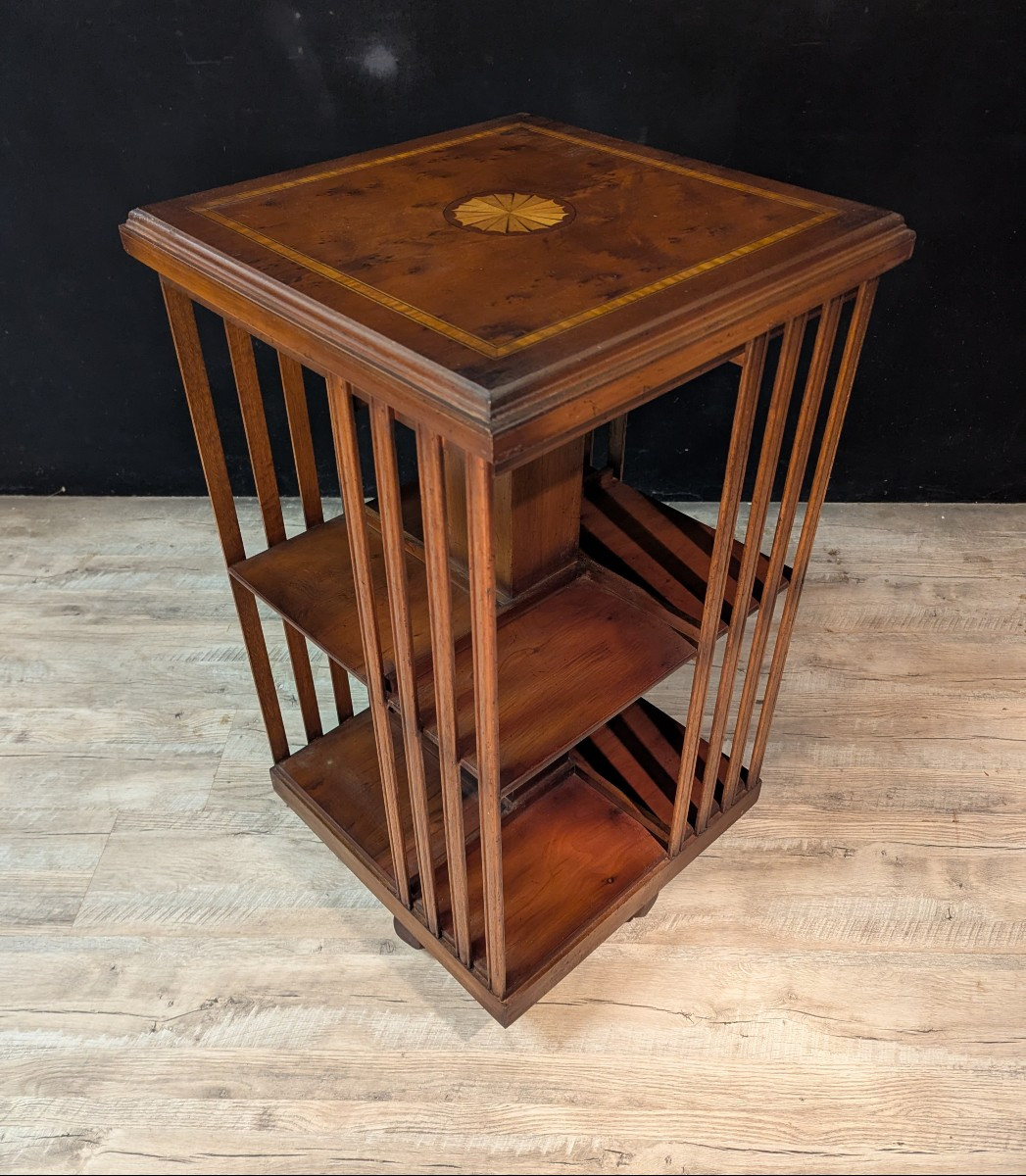 English Revolving Bookcase In Mahogany And Marquetry