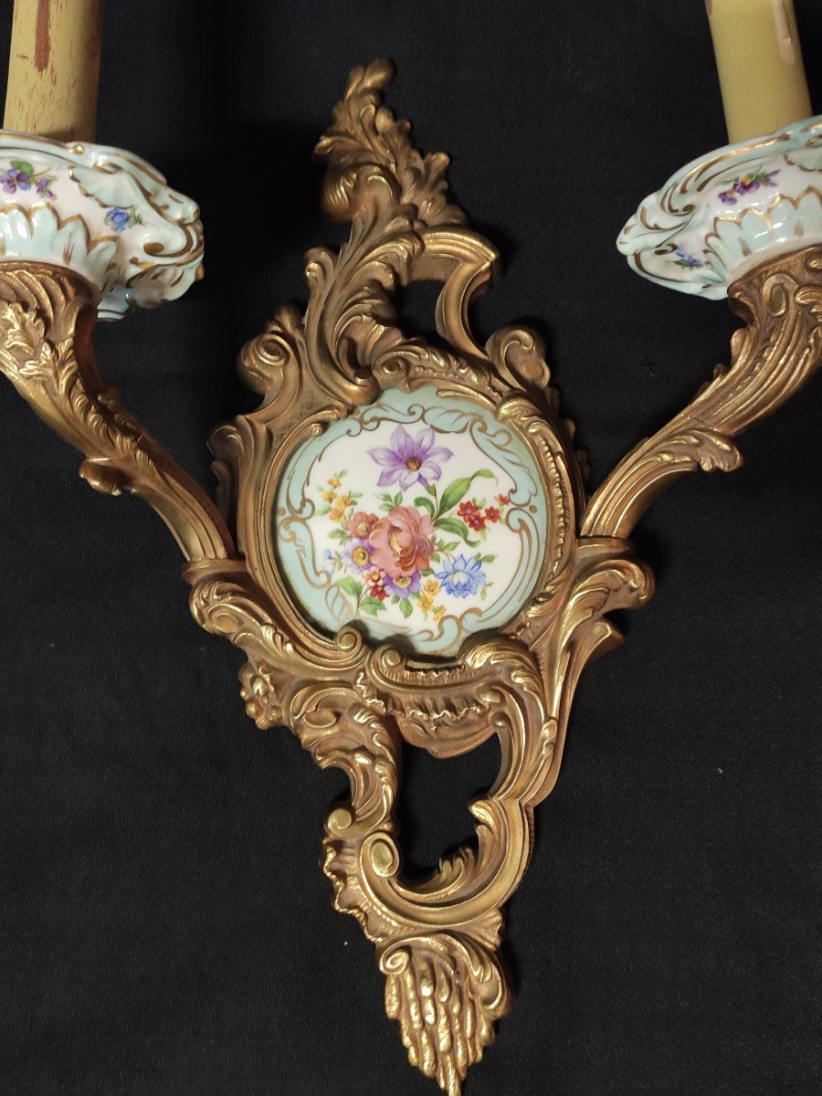 Pair Of Louis XV Bronze And Porcelain Sconces-photo-1
