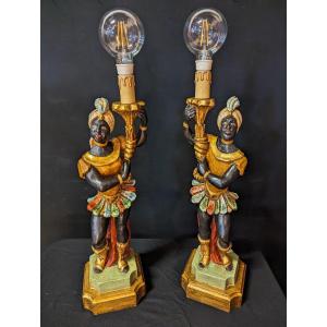 Pair Of Venetian Nubian Wooden Table Lamps