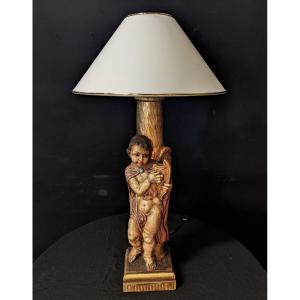 Lampe à Décor d'Angelot En Bois Polychromé