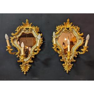 Paire d'Applique Miroir Italienne En Bois Peint Et Doré
