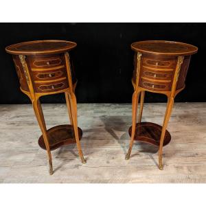 Pair Of Narrow Louis XV Style Bedside Tables In Tambour Shape