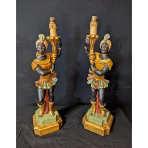 Pair Of Venetian Nubian Wooden Lamps
