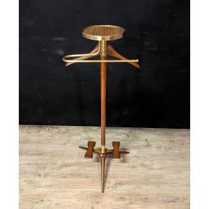 Valet De Nuit Tripode En Acajou Et Laiton Doré – Années 1970