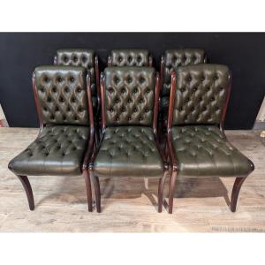 Suite de six ​chaises Chesterfield en cuir et acajou massif, XXe siècle