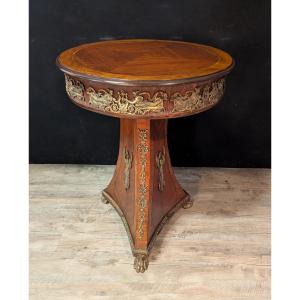 Circular Side Table In Marquetry And Bronze In The Empire Style