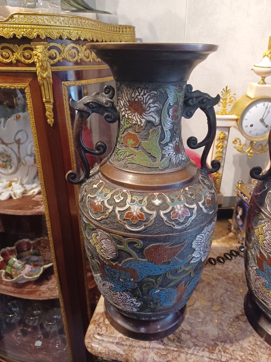 Vase Bronze Cloisonné, Japon XIX ème , Cartouche Signature-photo-2