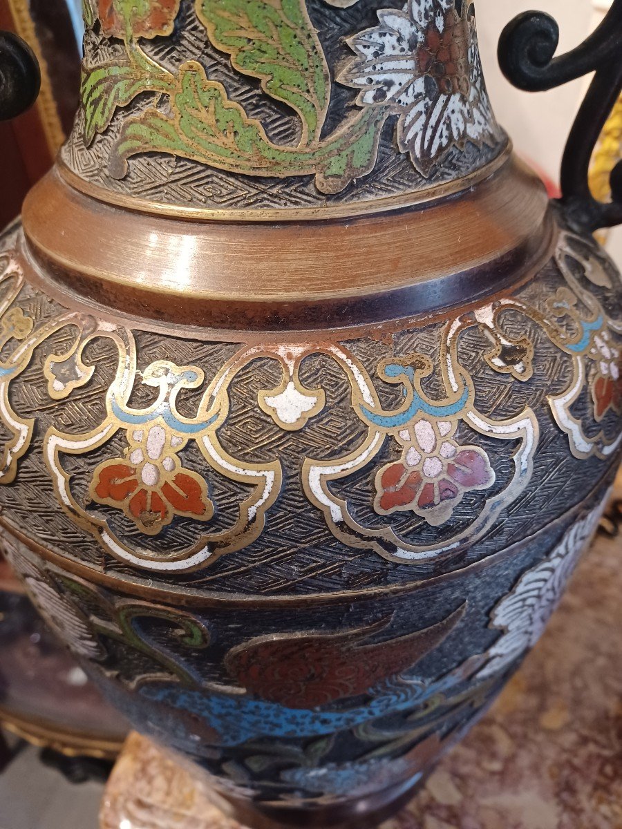 Vase Bronze Cloisonné, Japon XIX ème , Cartouche Signature-photo-3