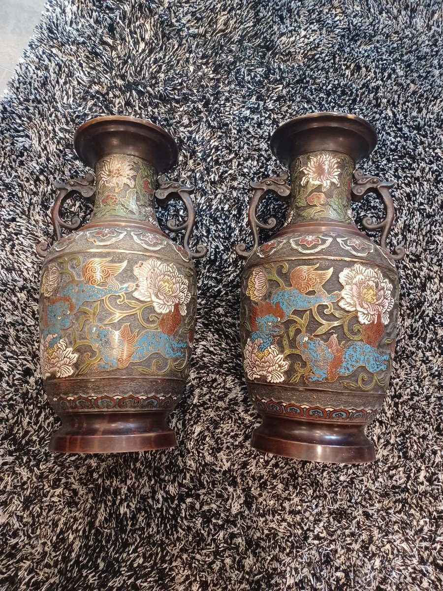 Vase Bronze Cloisonné, Japon XIX ème , Cartouche Signature-photo-2