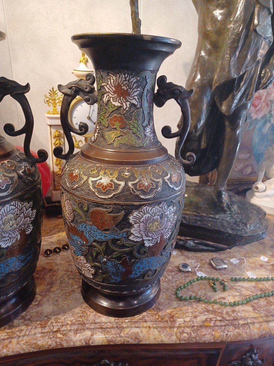 Vase Bronze Cloisonné, Japon XIX ème , Cartouche Signature-photo-6