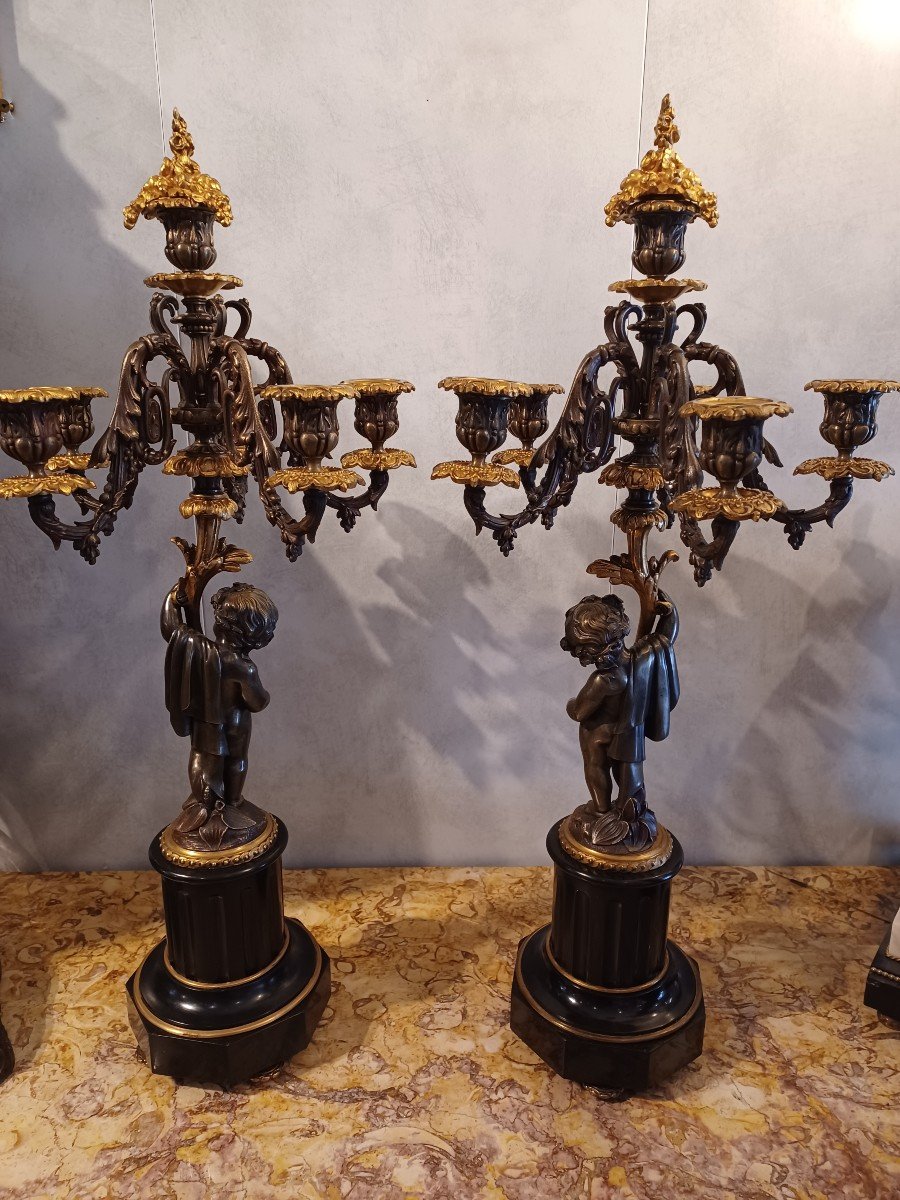 Pair Of Candelabra With Putti, Marble And Bronze, 6 Lights, Napoleon III Period-photo-3