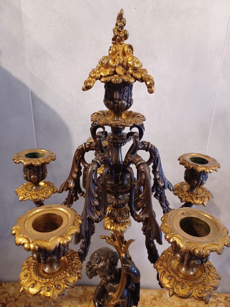 Pair Of Candelabra With Putti, Marble And Bronze, 6 Lights, Napoleon III Period-photo-1