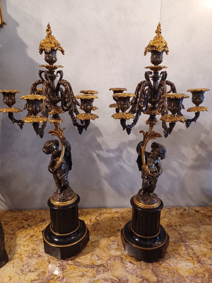 Pair Of Candelabra With Putti, Marble And Bronze, 6 Lights, Napoleon III Period