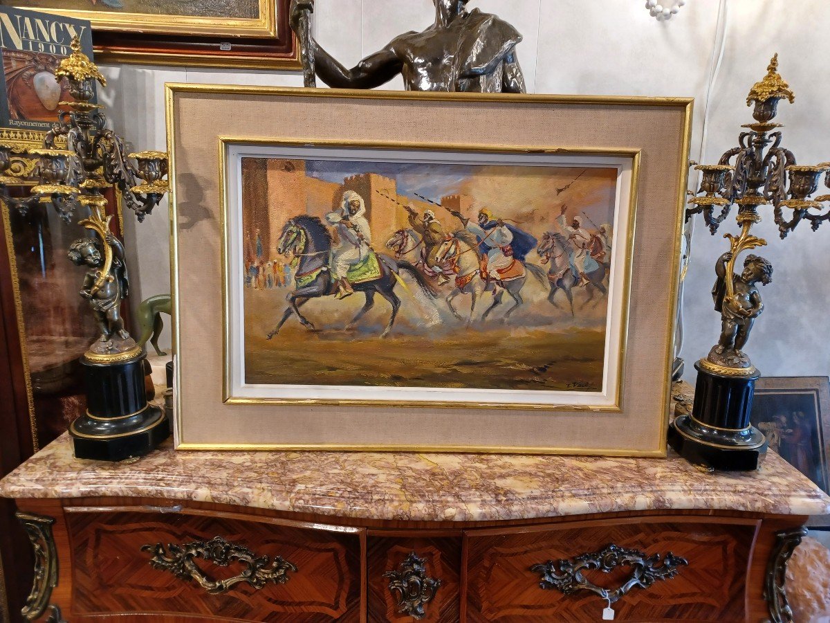 Fantasia  à Meknes ( Maroc) , Par Edmond Valès , Peintre Orientaliste