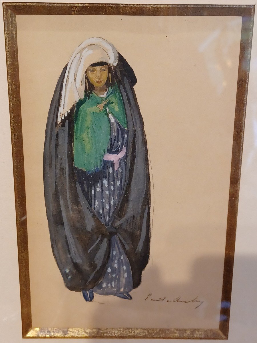 Emile Aubry , " Femme De Constantine" , Gouache Sur Papier-photo-2