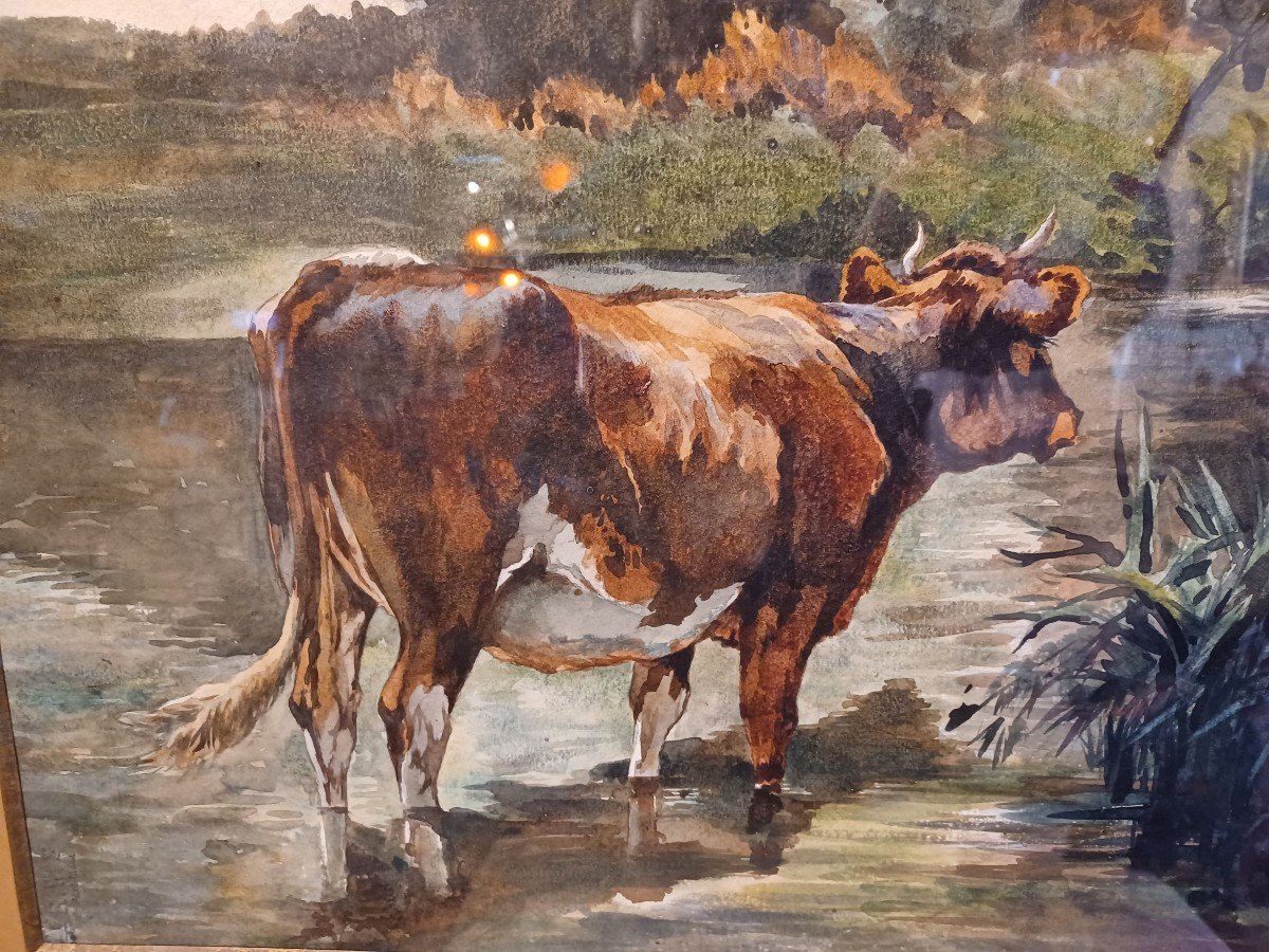 Guigné Eugène Alexis, Watercolor "cows At The Watering Place"-photo-4