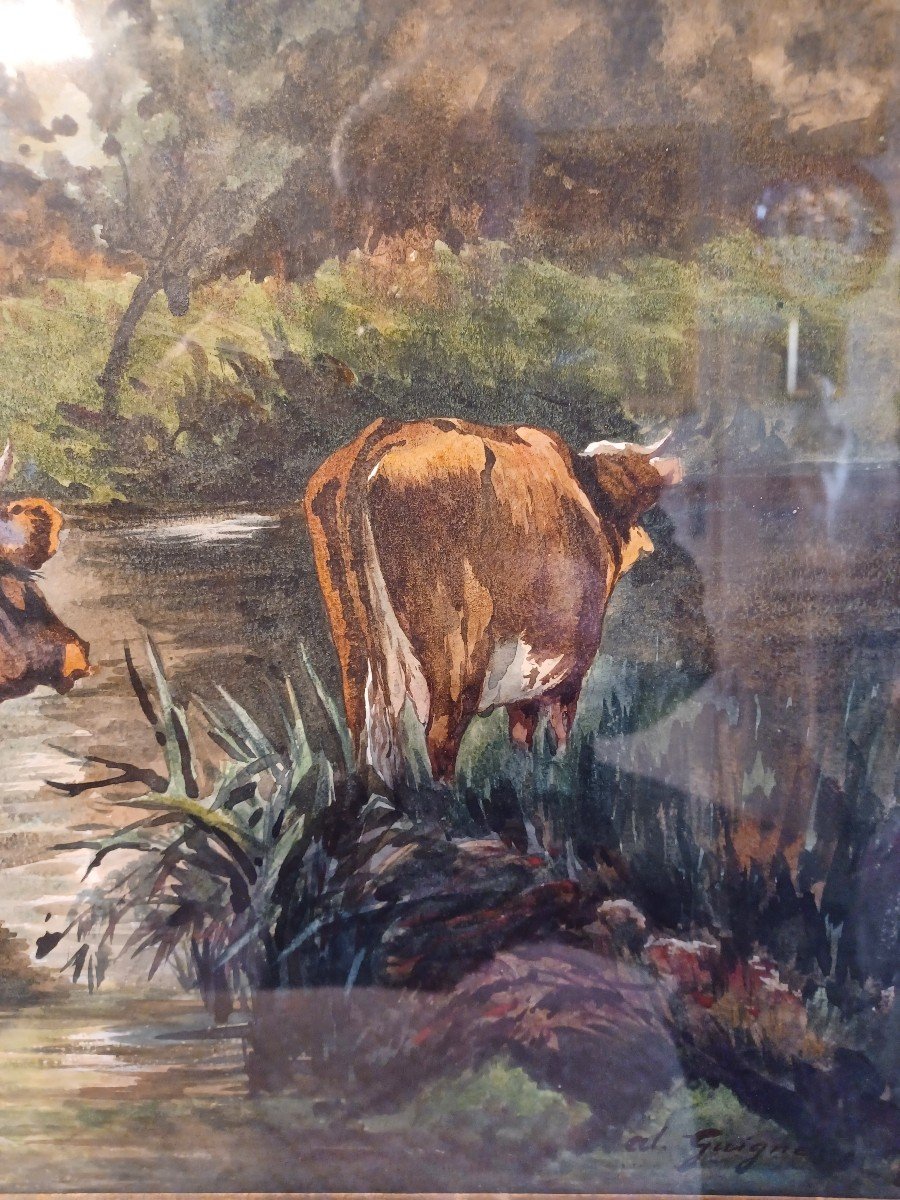 Guigné Eugène Alexis, Watercolor "cows At The Watering Place"-photo-1