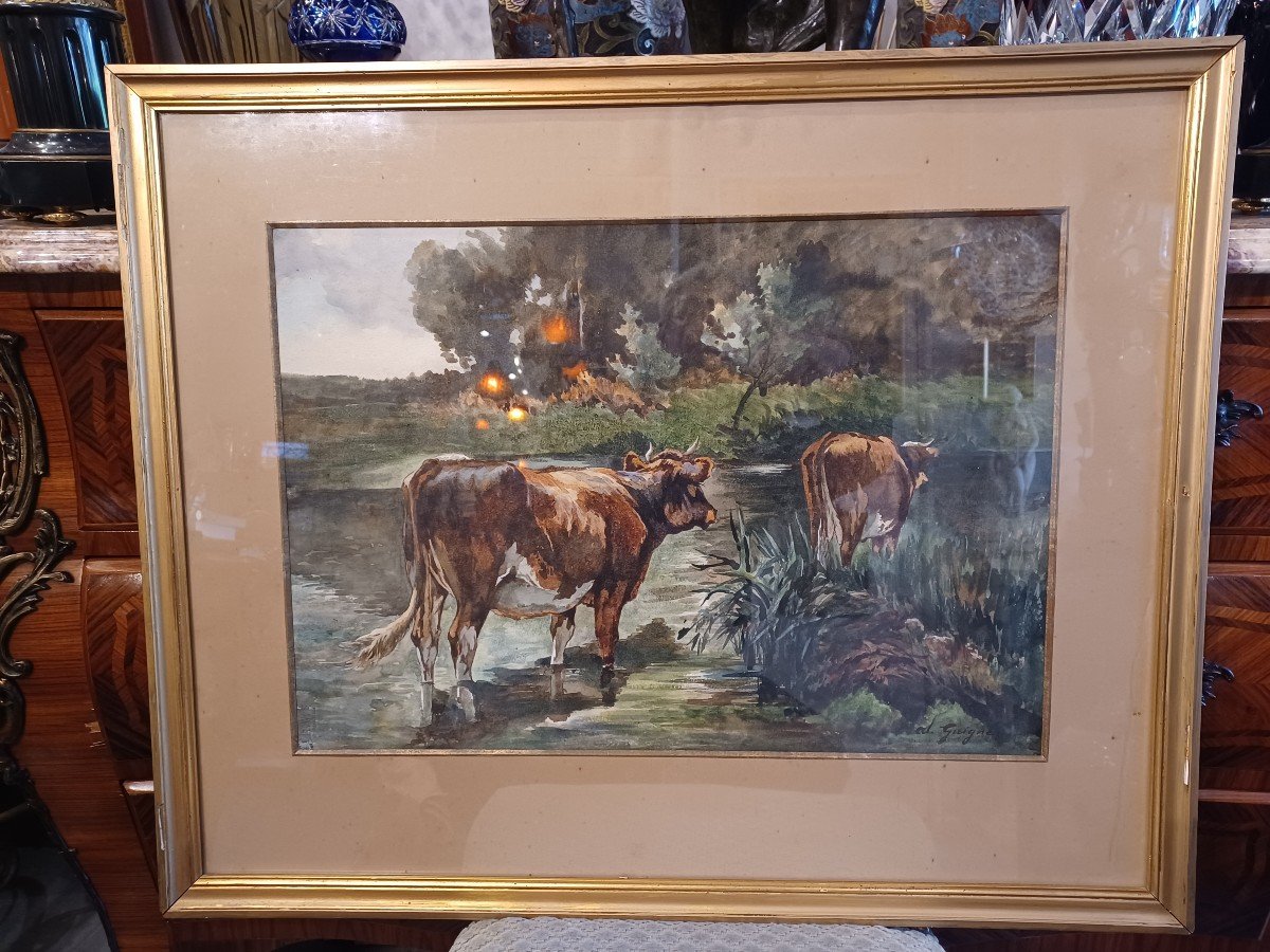Guigné Eugène Alexis, Watercolor "cows At The Watering Place"-photo-2