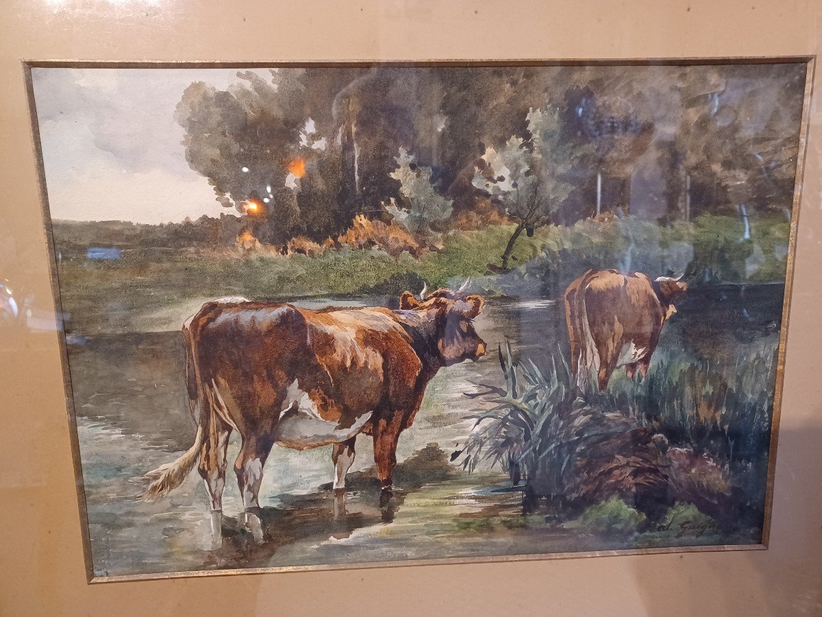 Guigné Eugène Alexis, Watercolor "cows At The Watering Place"-photo-3