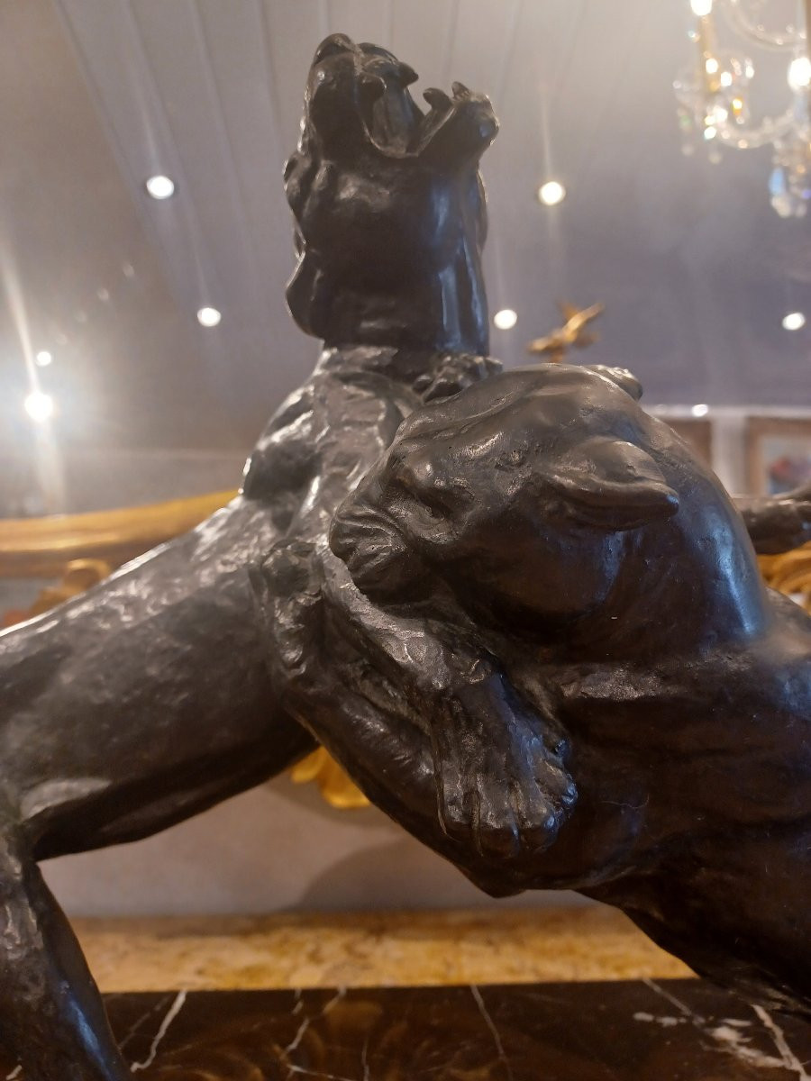 Bronze Sculpture "2 Lionesses In Combat" Alexandre Ouline (1918-1940)-photo-2