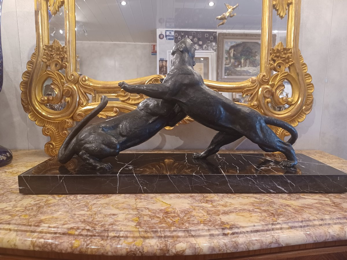 Bronze Sculpture "2 Lionesses In Combat" Alexandre Ouline (1918-1940)-photo-3