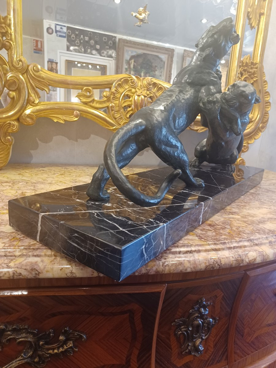 Bronze Sculpture "2 Lionesses In Combat" Alexandre Ouline (1918-1940)-photo-4