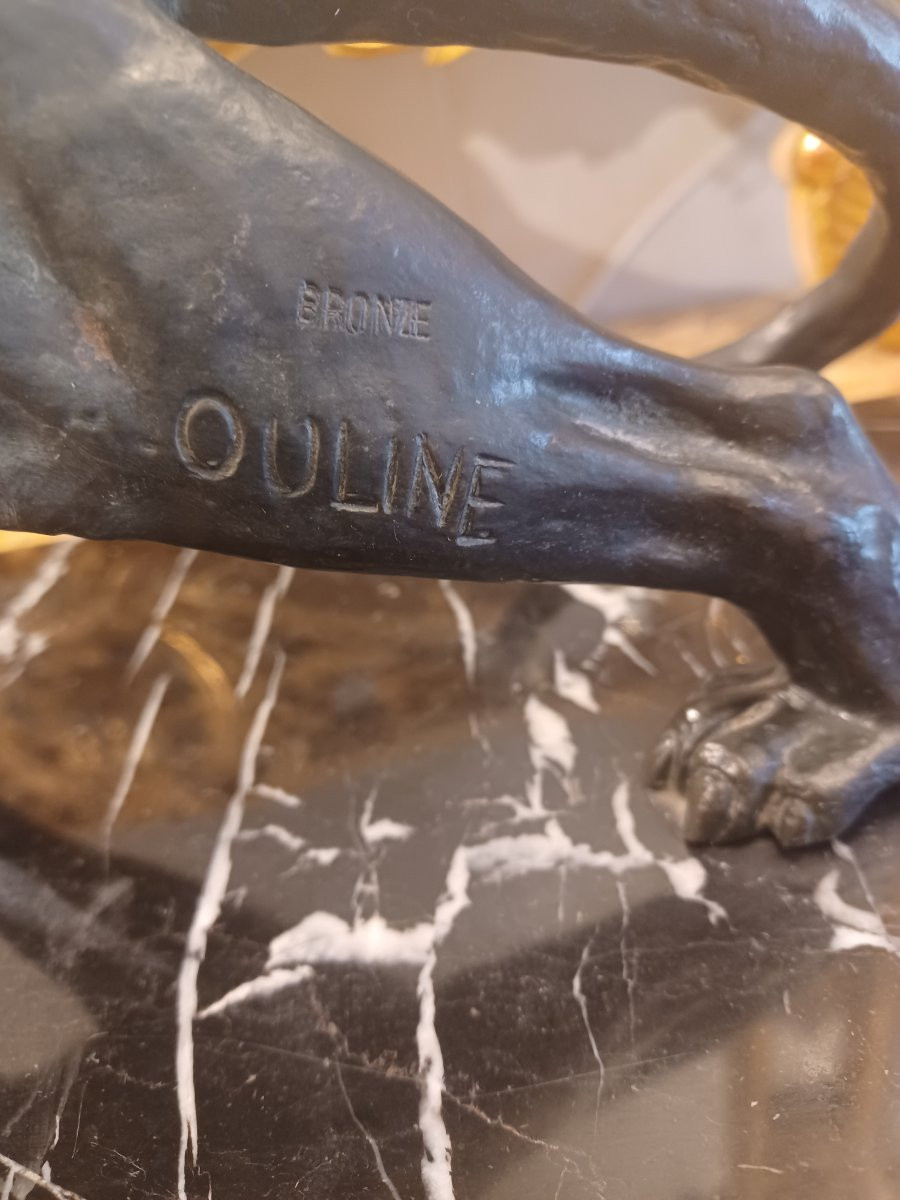 Bronze Sculpture "2 Lionesses In Combat" Alexandre Ouline (1918-1940)-photo-1