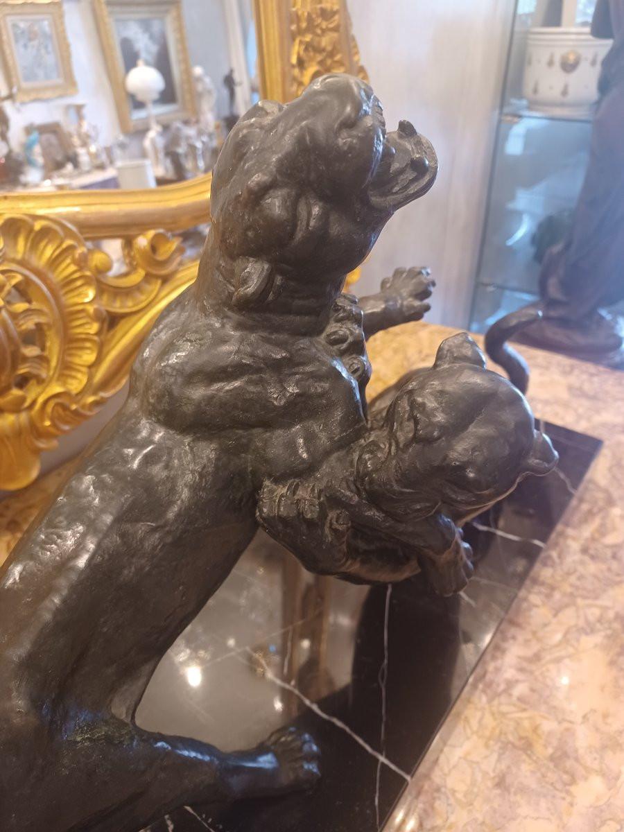 Bronze Sculpture "2 Lionesses In Combat" Alexandre Ouline (1918-1940)-photo-2