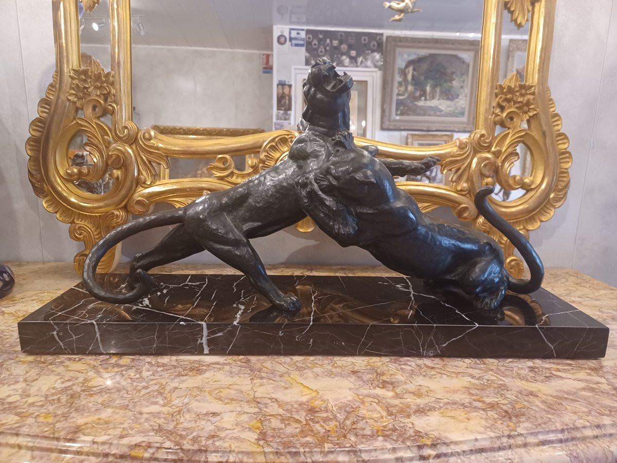 Bronze Sculpture "2 Lionesses In Combat" Alexandre Ouline (1918-1940)-photo-3