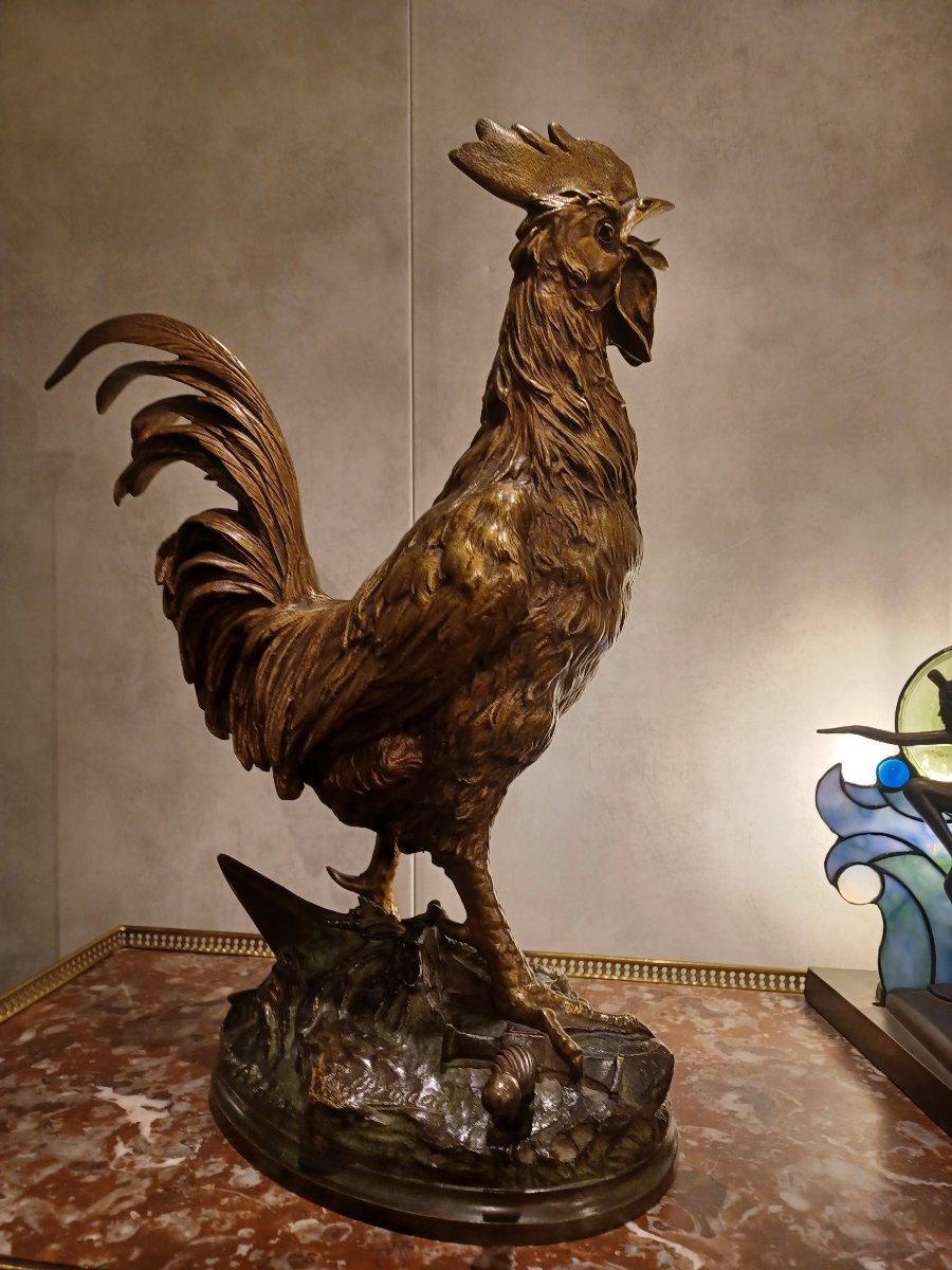 Bronze Sculpture By E. Drouot "victorious Rooster"-photo-2