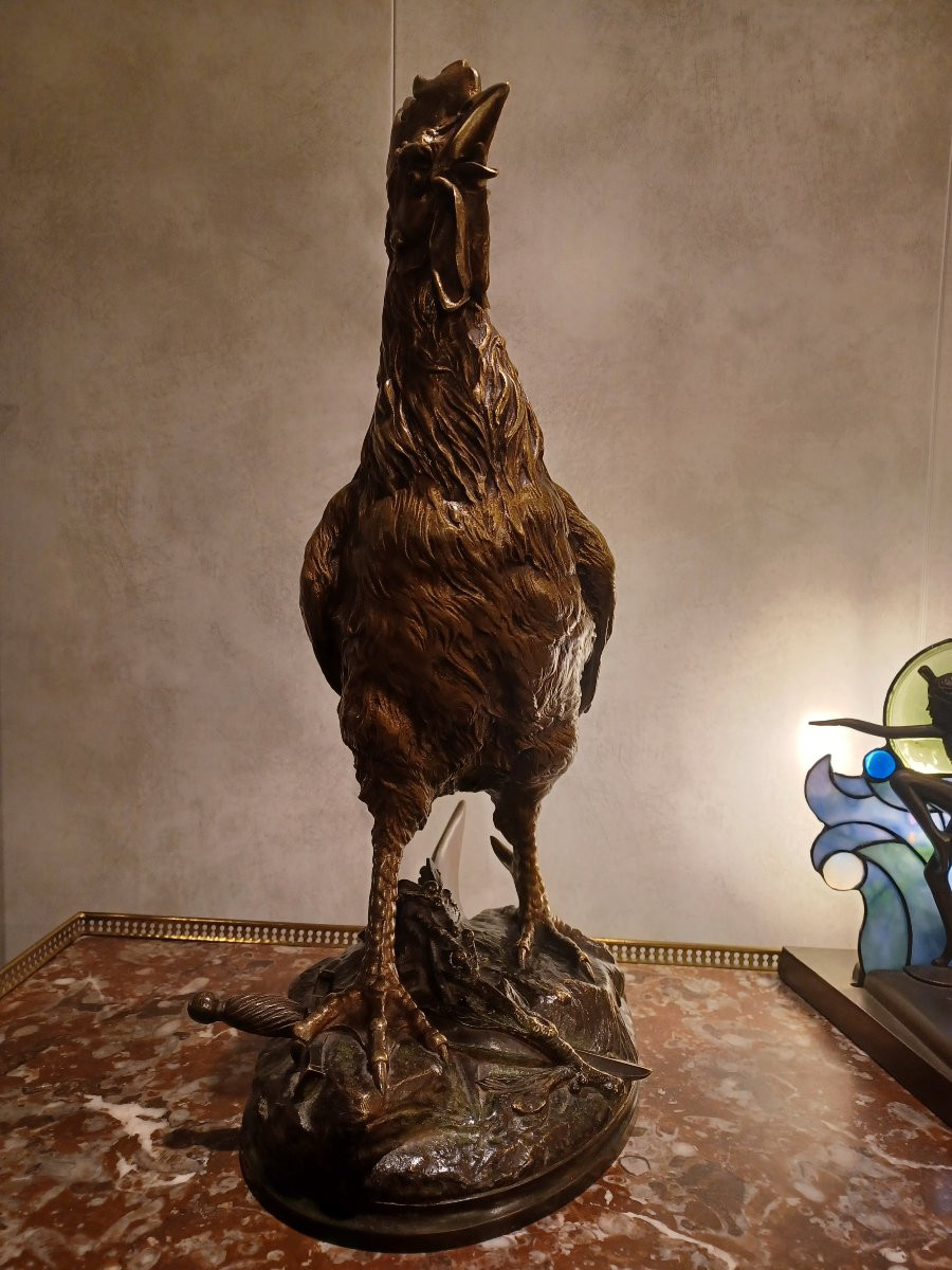 Bronze Sculpture By E. Drouot "victorious Rooster"-photo-1