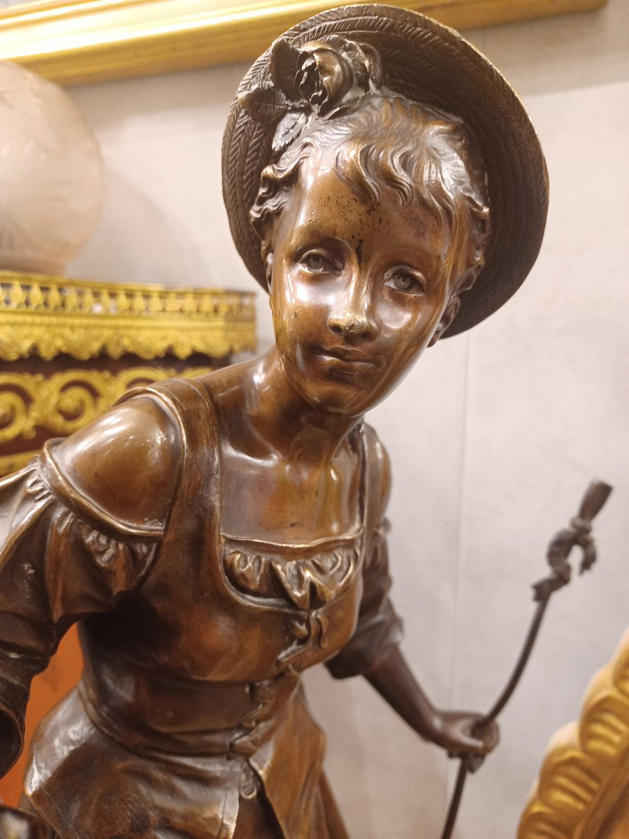 Bronze Sculpture "it's Raining, Shepherdess", Signed Bouret (1833-1906)-photo-2