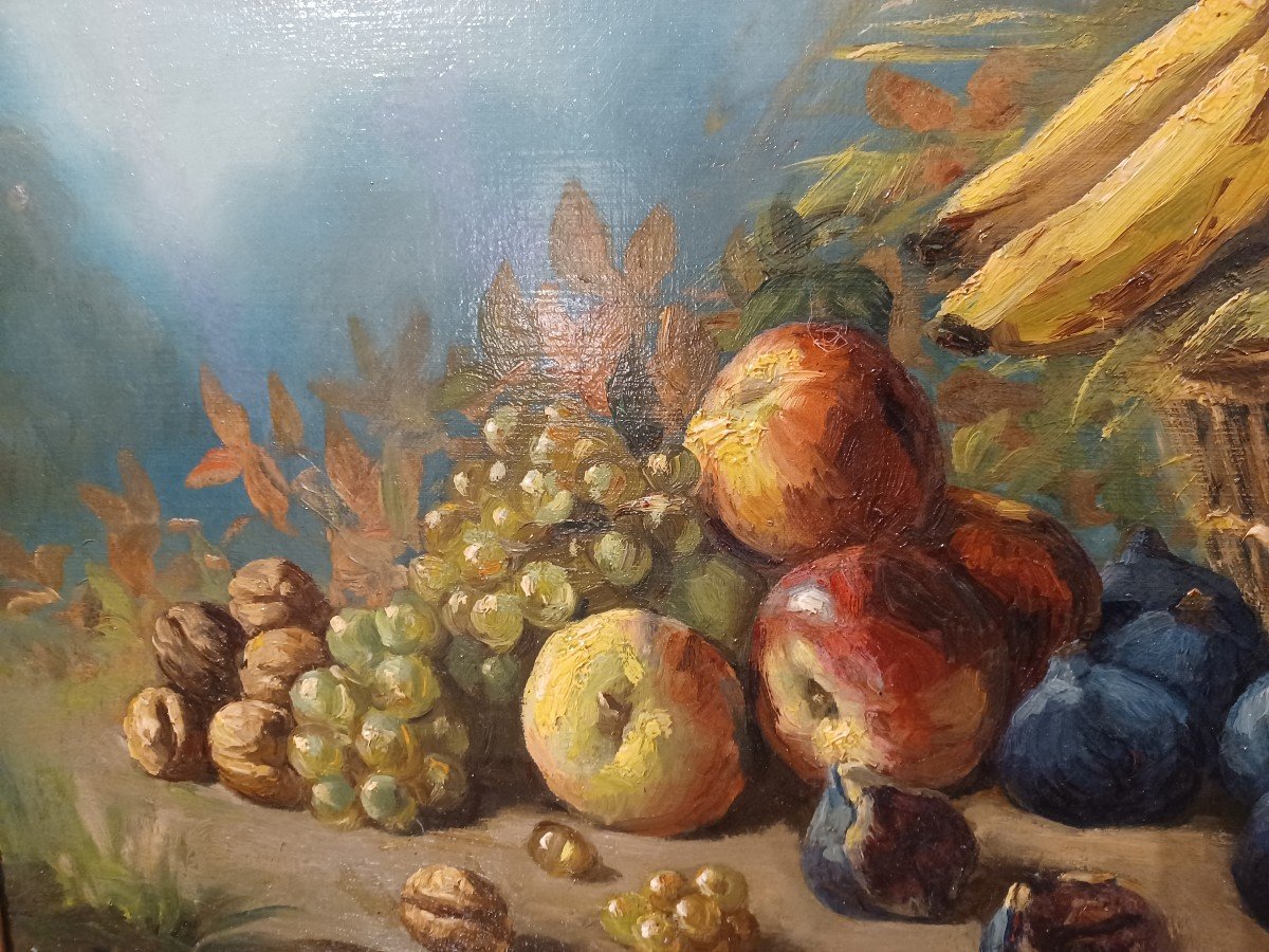 Painting, Still Life With Fruits, Grapes, Apples, Nuts, Figs, Signed By E. Cardinal-photo-2