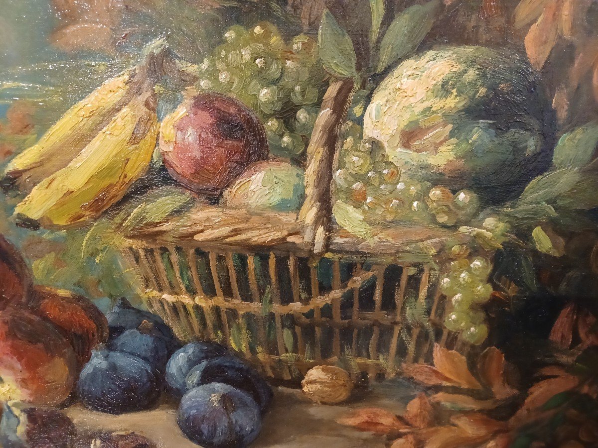 Painting, Still Life With Fruits, Grapes, Apples, Nuts, Figs, Signed By E. Cardinal-photo-1