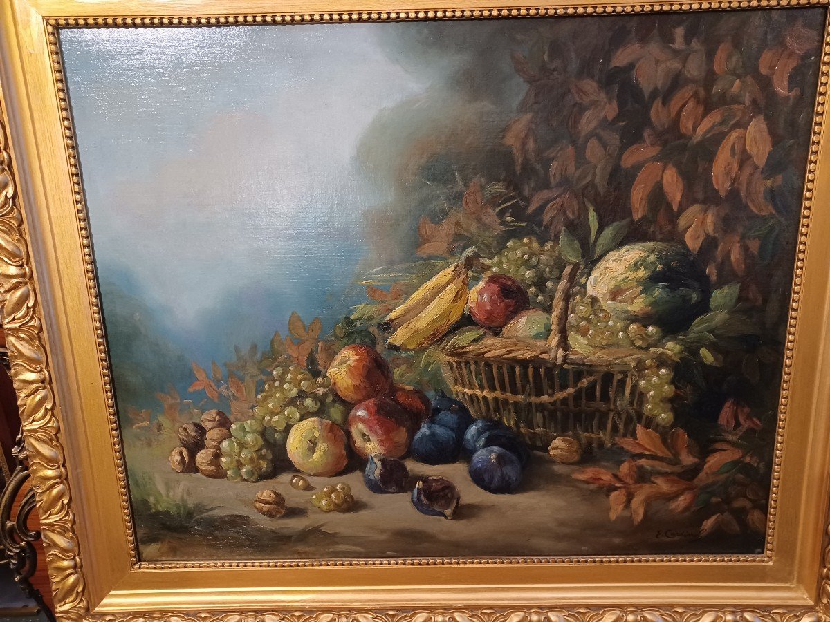 Painting, Still Life With Fruits, Grapes, Apples, Nuts, Figs, Signed By E. Cardinal-photo-2