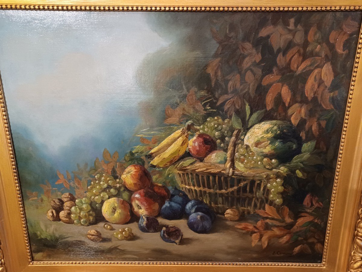 Painting, Still Life With Fruits, Grapes, Apples, Nuts, Figs, Signed By E. Cardinal-photo-3