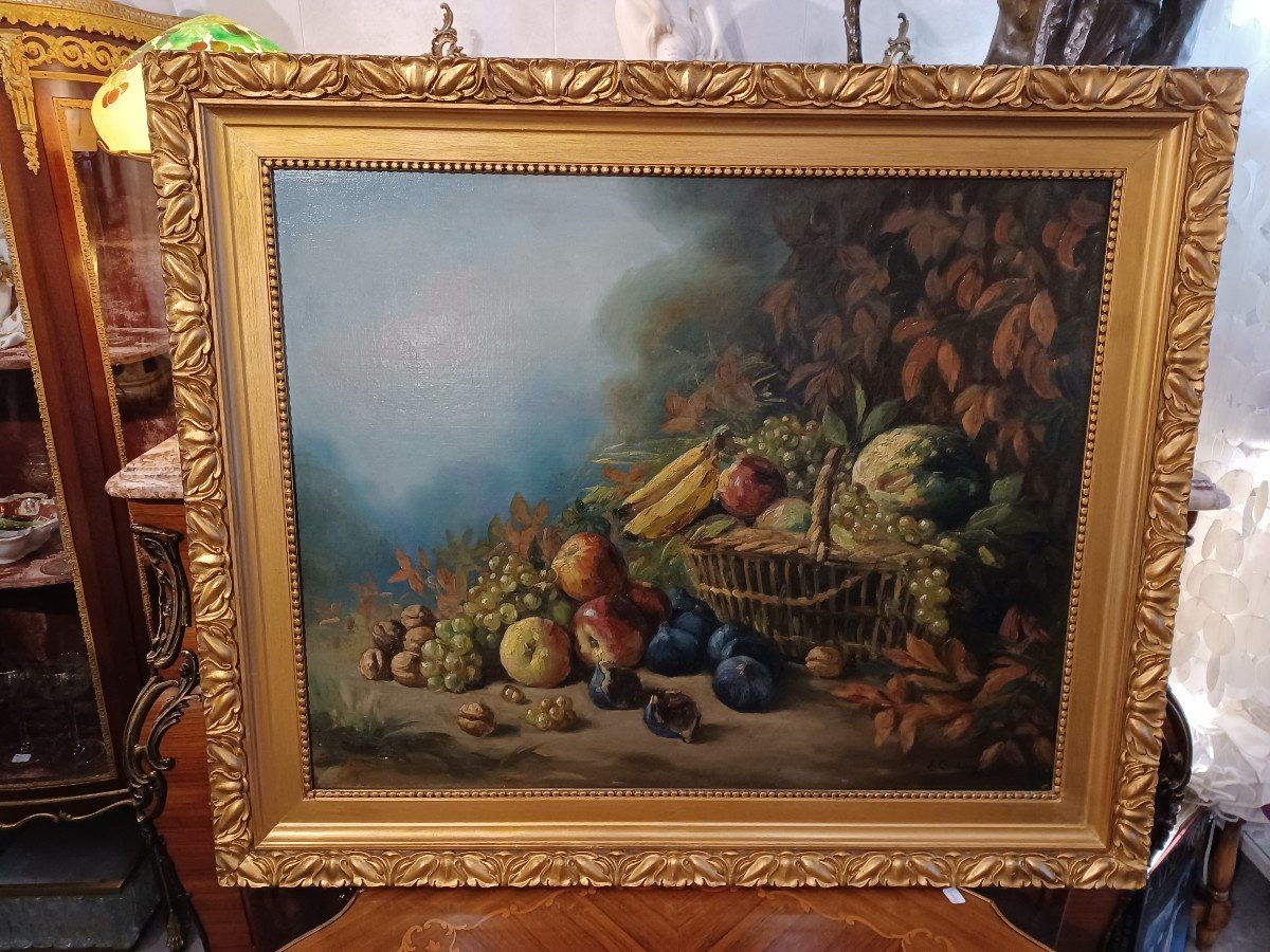 Painting, Still Life With Fruits, Grapes, Apples, Nuts, Figs, Signed By E. Cardinal