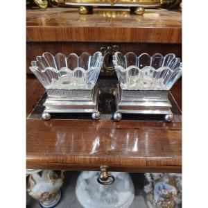 Pair Of Table Salt Cellars In Silver And Crystal