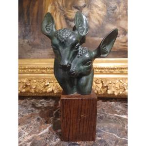 Art Deco Bronze Bust Of Two Does