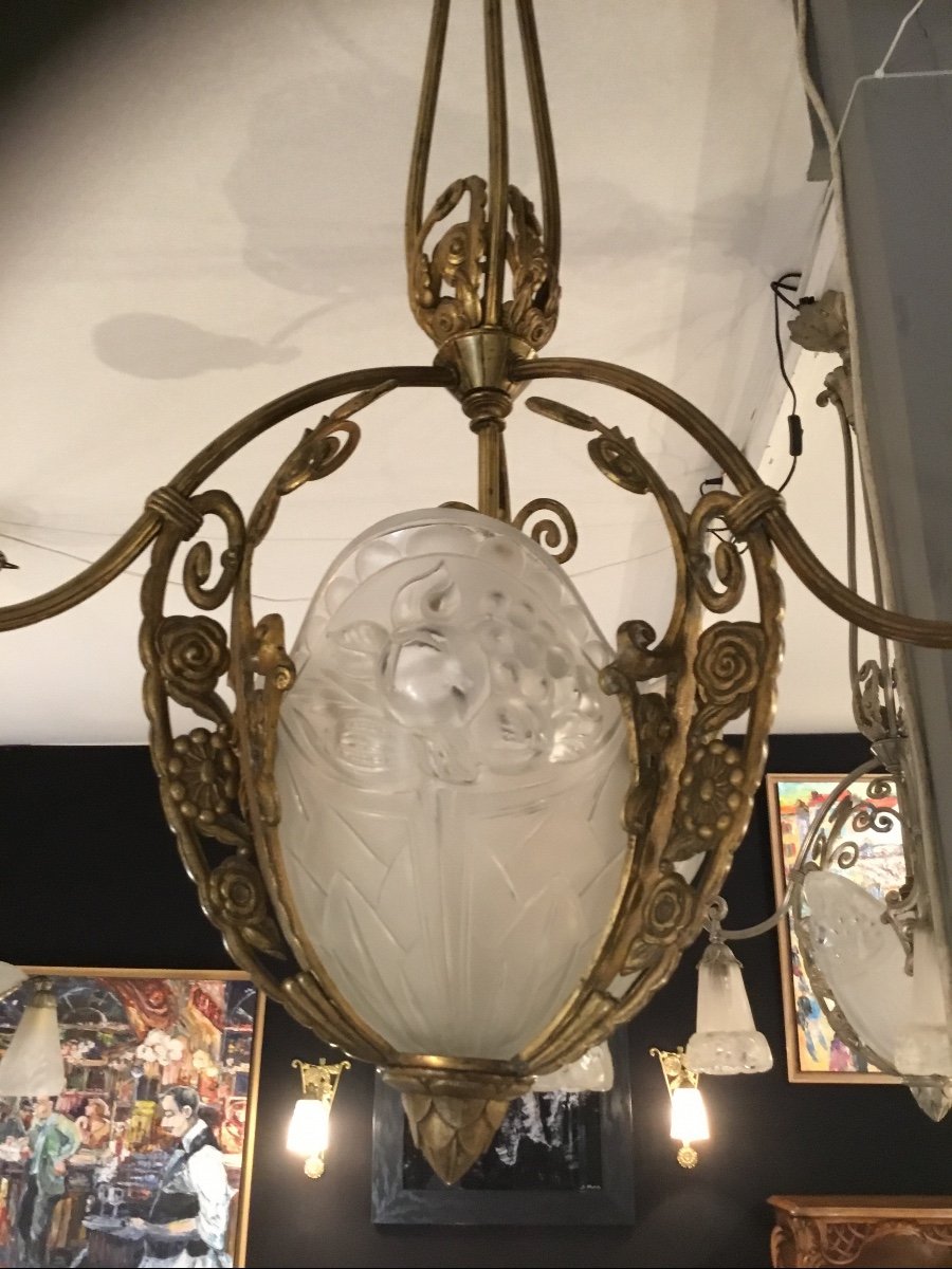Art Deco Chandelier In Gilt Bronze, 1925 Period Signed Gilles-photo-2