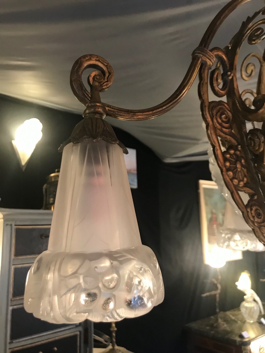 Art Deco Chandelier In Gilt Bronze, 1925 Period Signed Gilles-photo-3