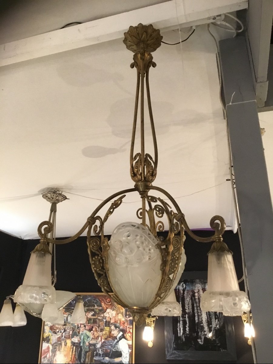 Art Deco Chandelier In Gilt Bronze, 1925 Period Signed Gilles
