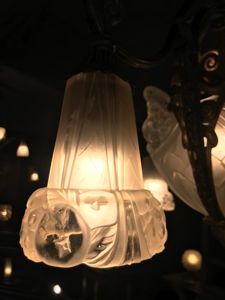 Lustre Art Déco En Bronze Nickelé, époque 1925 Signé Gilles -photo-3