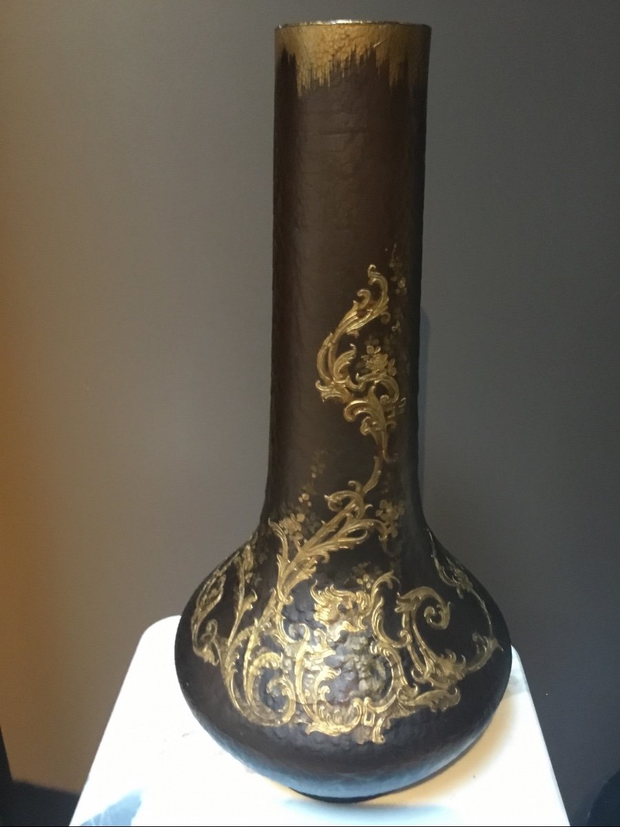 Très Grand Vase Art Nouveau à Décor émaillé Or . Montjoye époque 1900-photo-4
